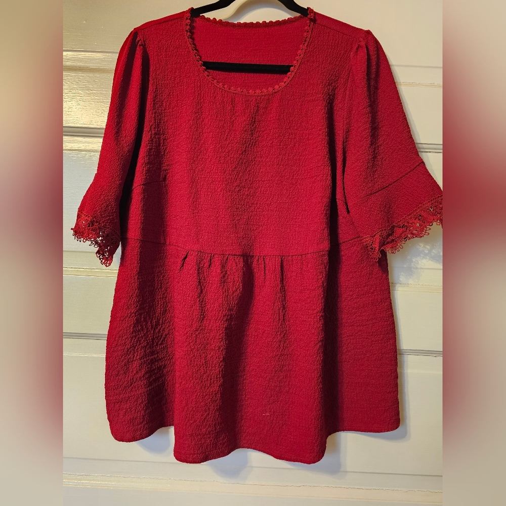 Red Textured Boutiques Baby Doll Blouse with Lace Trim XL